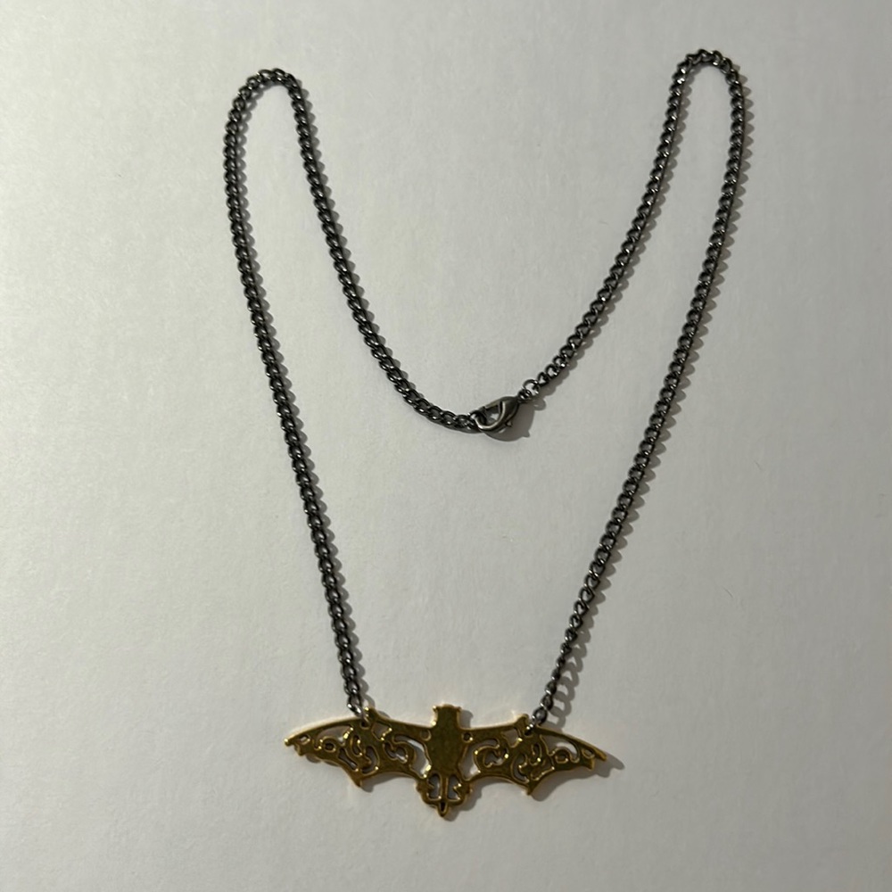Handmade Unique Gift Goth Wicca Halloween Day of Dead, Bat Gunmetal Necklace